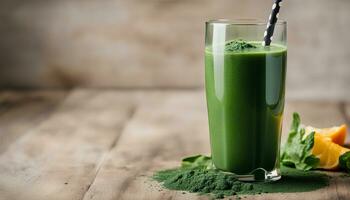 ai generiert frisch Saft Smoothie gemacht mit organisch grüne, Spirulina, Protein Pulver foto