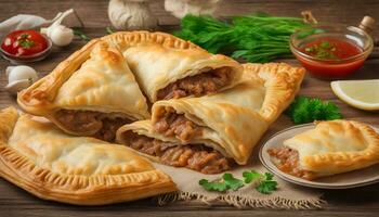 ai generiert traditionell Rumänien, ukrainisch, Russisch und tatar Essen cheburek mit Fleisch und Frühling Zwiebel foto