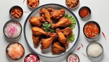 ai generiert tief gebraten Hähnchen Flügel Teller mit Knoblauch Soße im Koreanisch Stil Dienen mit Reis, Kimchi und eingelegt foto