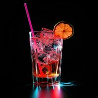 ai generiert Cocktail mit ein Stroh. Sommer- Aperitif mit Eis. Neon- Farbe, 90er Jahre Stil. Urlaub, Party oder Urlaub foto