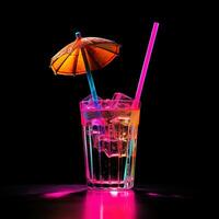 ai generiert Cocktail mit Stroh und Regenschirm. Neon- Farbe, 90er Jahre Stil. Urlaub, Party oder Urlaub foto