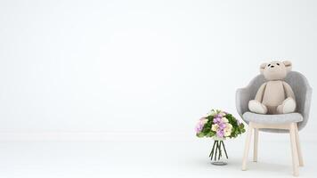 Teddybär auf Sessel und Blume für Kunstwerke foto