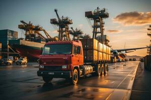 ai generiert ein Bild abbilden Logistik mit ein Container LKW, Schiff im Hafen, und Flugzeug zum importieren Export Industrie.by generativ ai foto