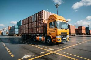 ai generiert ein Bild abbilden Logistik mit ein Container LKW, Schiff im Hafen, und Flugzeug zum importieren Export Industrie.by generativ ai foto