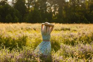 gesund schön Frau Gehen draußen. verlockend jung Frau im Weizen Feld, zart sinnlich Frau auf Natur. perfekt Haut, lockig Haar. foto