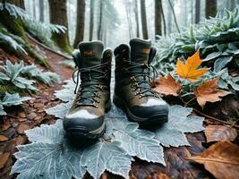 ai generiert heiter Wald Pfad Winter Wandern Stiefel Umarmung Natur s gemütlich Wärme. ai generiert. foto