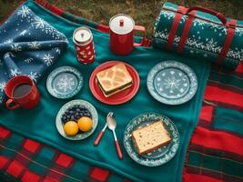 ai generiert retro Urlaub Magie festlich Winter Picknick Kits zum gemütlich draussen Versammlungen. ai generiert. foto