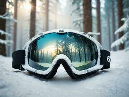 ai generiert zauberhaft Winter Wald durch Ski Brille. ai generiert. foto