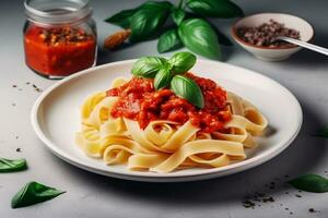 ai generiert Pasta Tagliatelle Bolognese mit Fleisch Tomate Soße und frisch Basilikum Blätter auf Weiß Platte. Licht grau Tisch. selektiv Fokus. generativ ai. foto