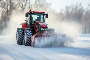 ai generiert höchst effizient Schnee Gebläse Auto effektiv löscht Schnee von das Straße während Winter Jahreszeit foto