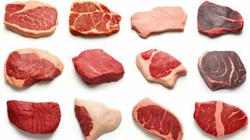 ai generiert Sammlung von verschiedene ungekocht Steaks, angesehen von das Spitze, isoliert auf ein Weiß Hintergrund foto