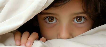 ai generiert neugierig Kleinkind mit Blau Augen späht von unter Weiß Decke, perfekt zum Text Platzierung foto