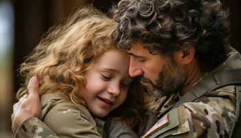 ai generiert herzerwärmend Wiedervereinigung berühren Moment zwischen Vater und Tochter im Militär- Uniformen foto