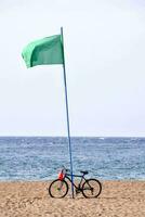 ein Fahrrad ist geparkt auf das Strand mit ein Grün Flagge foto