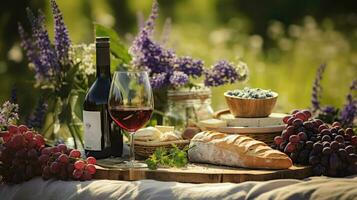 ai generiert Stangenbrot Wein Picknick Essen foto