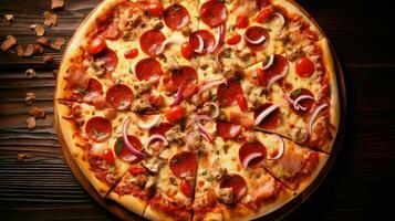 ai generiert käsig ungesund Pizza Essen foto