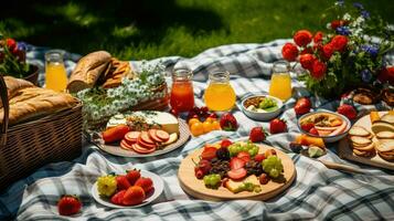 ai generiert Sommer- Lebensstil Picknick Essen foto
