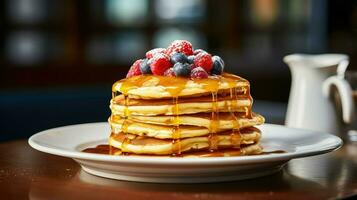 ai generiert Butter Stapel Pfannkuchen Essen foto