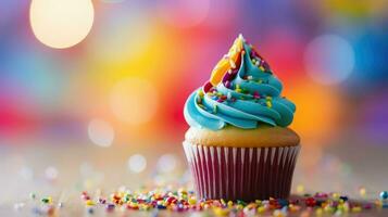 ai generiert bunt Regenbogen Cupcake Essen foto