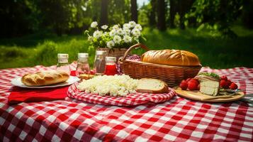 ai generiert Versammlung Tischdecke Picknick Essen foto