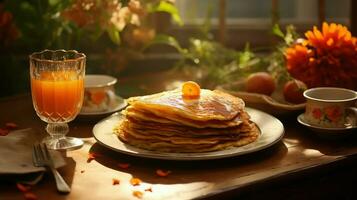 ai generiert Frühstück Hintergrund Pfannkuchen Essen foto