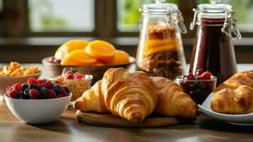 ai generiert flockig köstlich Croissan Essen foto