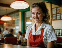 ai generiert Foto von schön Frau wie ein Kellnerin im retro Essen Restaurant, generativ ai