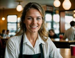 ai generiert Foto von schön Frau wie ein Kellnerin im retro Essen Restaurant, generativ ai