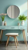 ai generiert Spiegel und Tabelle bilden Blau Zimmer ästhetisch modern Innere foto