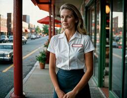 ai generiert Foto von schön Frau wie ein Kellnerin Stehen im retro Essen Restaurant, generativ ai