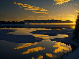 ai generiert ein Bild von ein beschwingt Sonnenuntergang Über ein heiter See, mit bunt Reflexionen schimmernd auf das Wasser mit Schnee foto