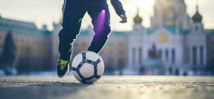 ai generiert einer Person treten das Fußball Ball foto