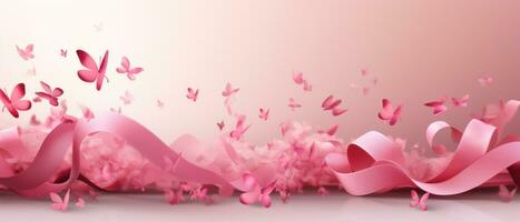 ai generiert Rosa Band mit schwebend Blütenblätter umgeben durch Weiß Raum foto