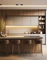 ai generiert modern minimalistisch Küche auf modern hölzern Möbel foto