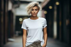 ai generiert Haar Stylist und Frau im Weiß T-Shirt auf das Straße foto