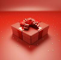 ai generiert leeren Geschenk Box mit Bogen umgeben durch rot Textur foto