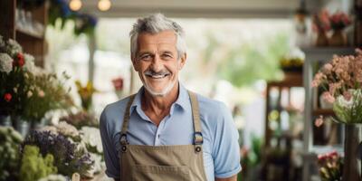 ai generiert ein älter, grau haarig Florist Stehen im seine Geschäft foto