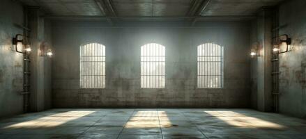 ai generiert ein Gefängnis Zelle mit Licht leuchtenden durch das Fenster foto