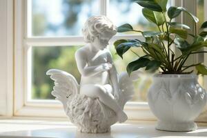 ai generiert ein glatt Keramik Statue von Amor auf ein einfach Weiß Fensterbrett foto