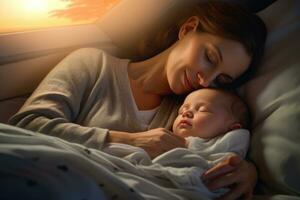 Mutter umarmen ihr Neugeborene Baby , liebend, froh, ai generiert foto