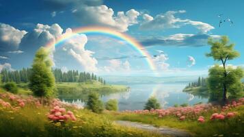 ein friedlich Landschaft Wiese Feld mit Regenbogen im das Himmel foto