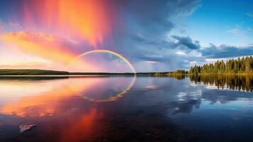 ein friedlich Landschaft Wiese Feld mit Regenbogen im das Himmel foto