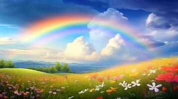 ein friedlich Landschaft Wiese Feld mit Regenbogen im das Himmel foto