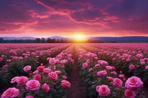 ai generiert Rose Feld im das Sonnenaufgang Morgen mit schön Himmel foto