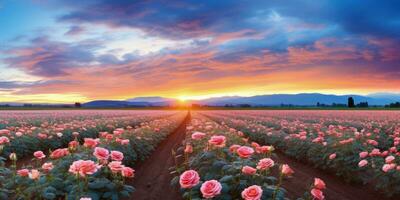 ai generiert Rose Feld im das Sonnenaufgang Morgen mit schön Himmel foto