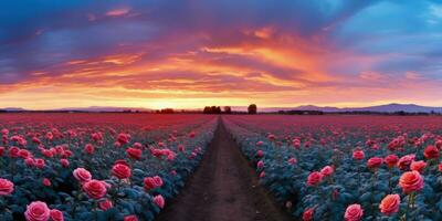 ai generiert Rose Feld im das Sonnenaufgang Morgen mit schön Himmel foto