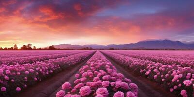 ai generiert Rose Feld im das Sonnenaufgang Morgen mit schön Himmel foto