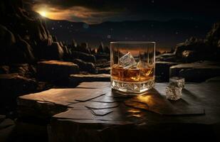 ai generiert ein Glas von ein Whiskey Sitzung Innerhalb von ein dunkel Szene foto