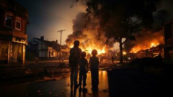 ai generiert Silhouette von Mutter und zwei Kinder Stehen im Vorderseite von ein Verbrennung Gebäude. foto