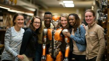 ai generiert Gruppe von glücklich jung Studenten Menschen suchen beim Roboter im ein Werkstatt beim Schule. foto